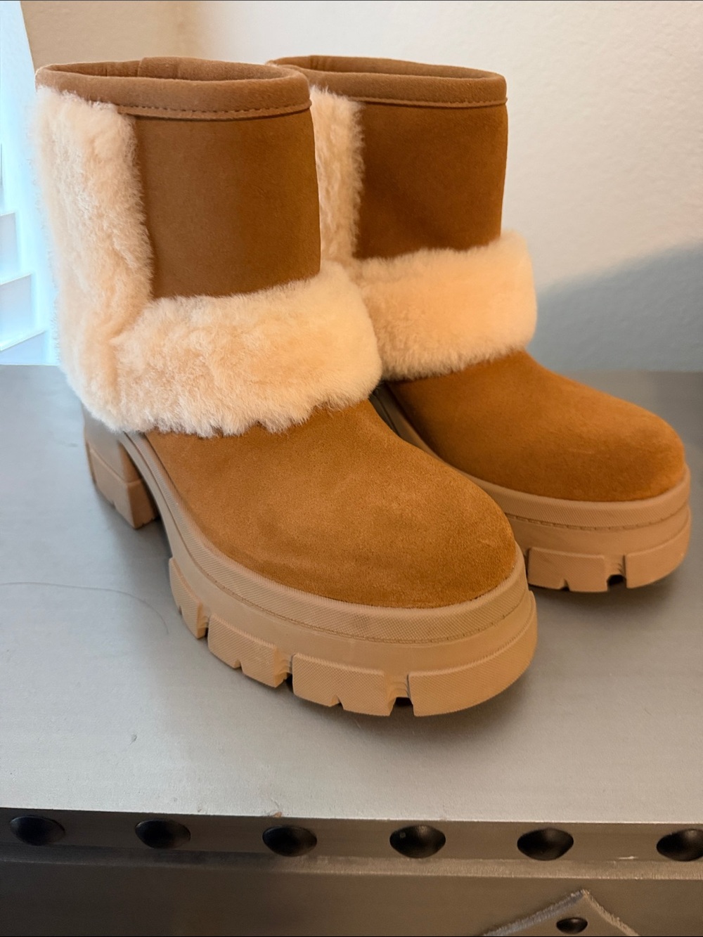 UGG Chestnut Suede Shearling-Trim Chunky Heel Boots